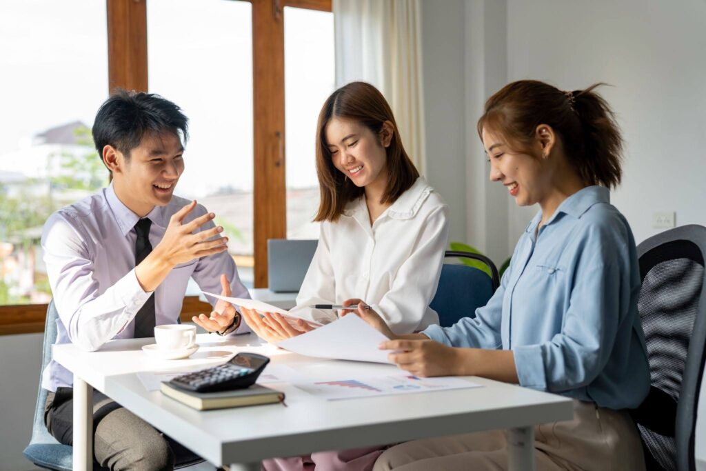 three happy employee