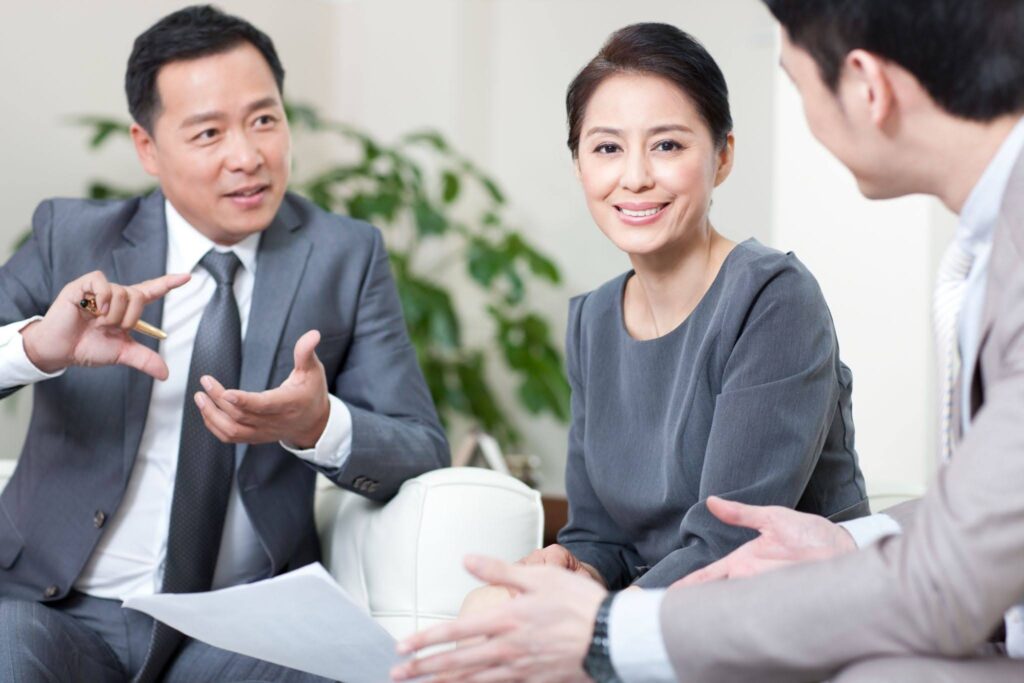 conversation between three employees