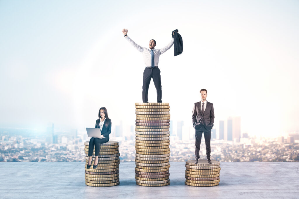 Happy Businesspeople Standing On Golden Coins On City Background