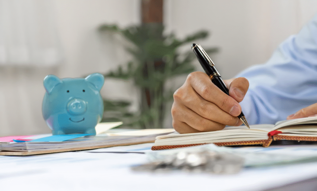 Businessman hand writing income and expenses